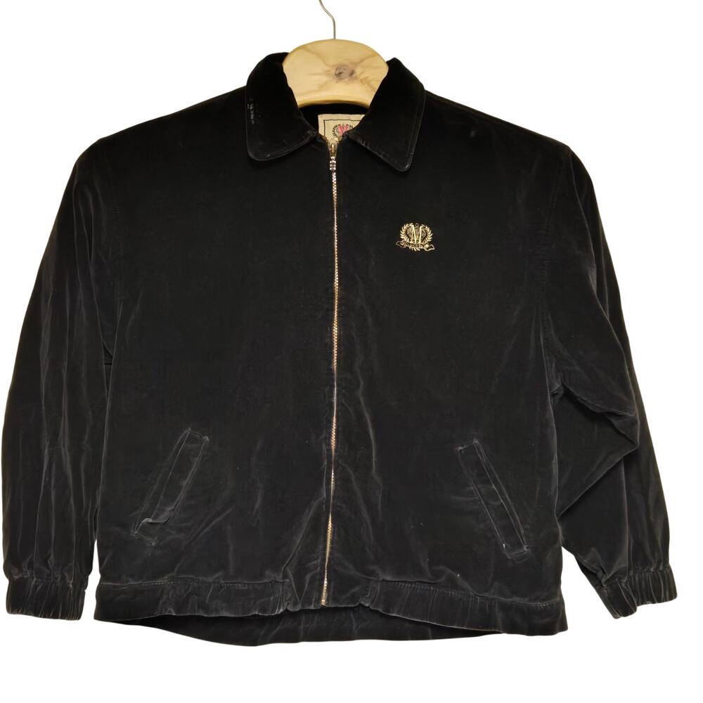 Vintage Bugle Boy Crest Bomber Style Jacket size Medium Black Velour Rare